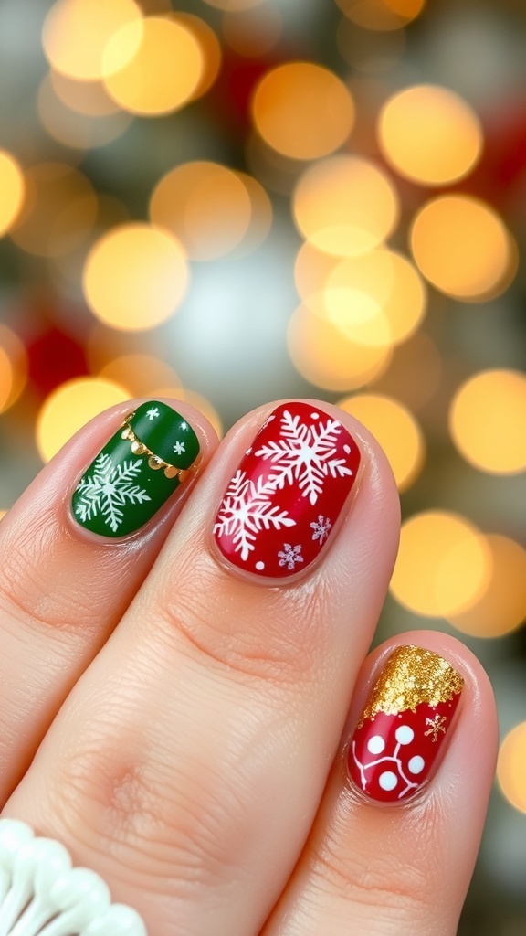 Festive Short Christmas Nail Designs (Non-Acrylic) Short Christmas nails with red, green, and white designs, featuring snowflakes and glitter.